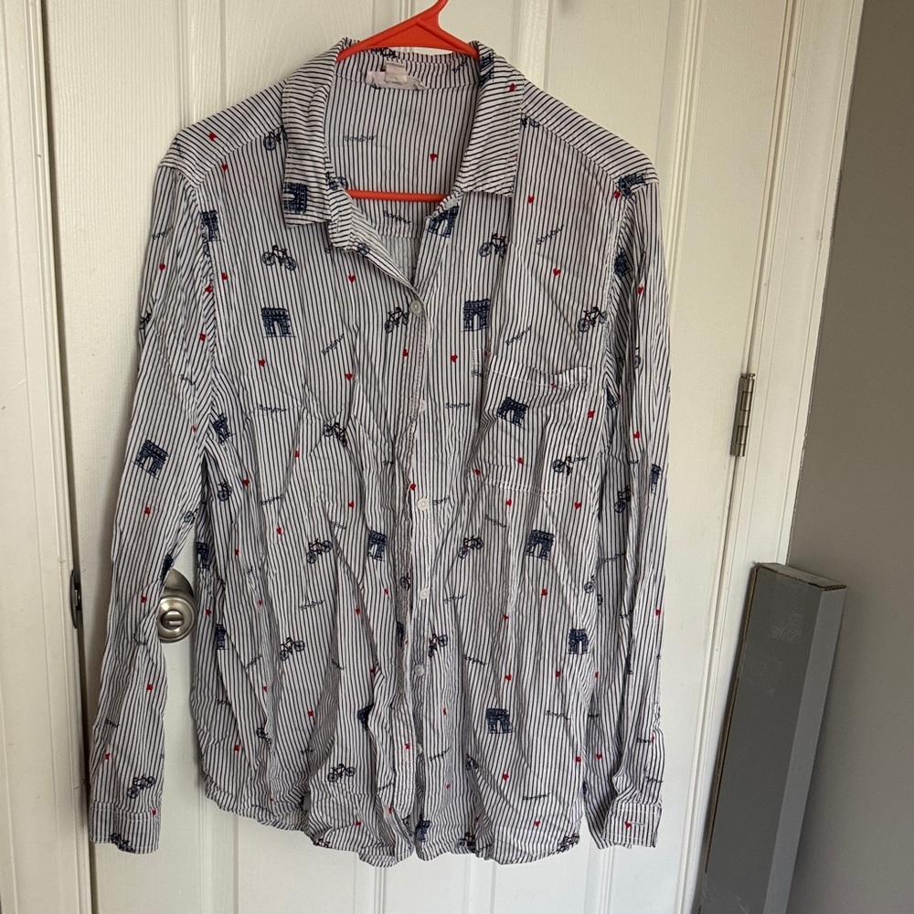 beachlunchlounge Women's Striped Blouse with Navy and Red Accents